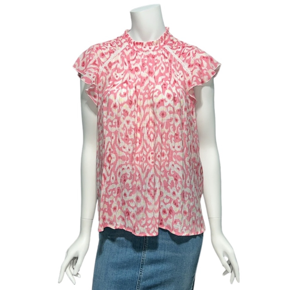 Nanette Lepore Pink and White Printed Flutter Sleeve Blouse